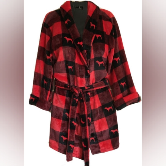 Victoria's Secret PINK Plush Dog Logo Plaid Robe - Picture 2 of 6